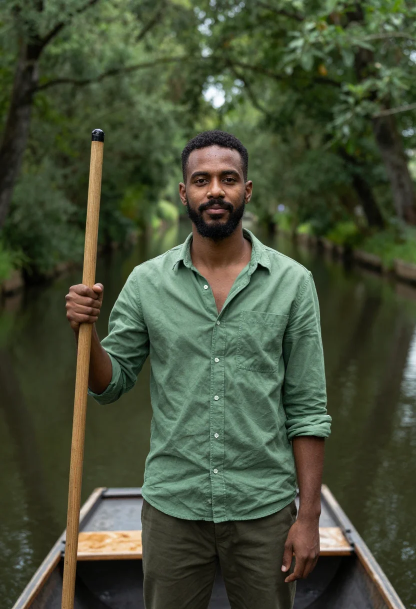 AI spreewald canoe may green sample — portrait of a man, framed chest-up, cropped at the ribs, the