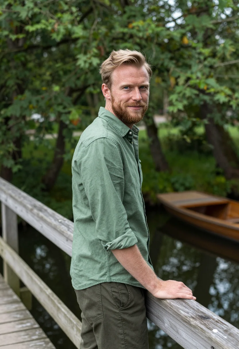 AI spreewald canoe may green sample — portrait of a man, framed chest-up, cropped at the ribs, the