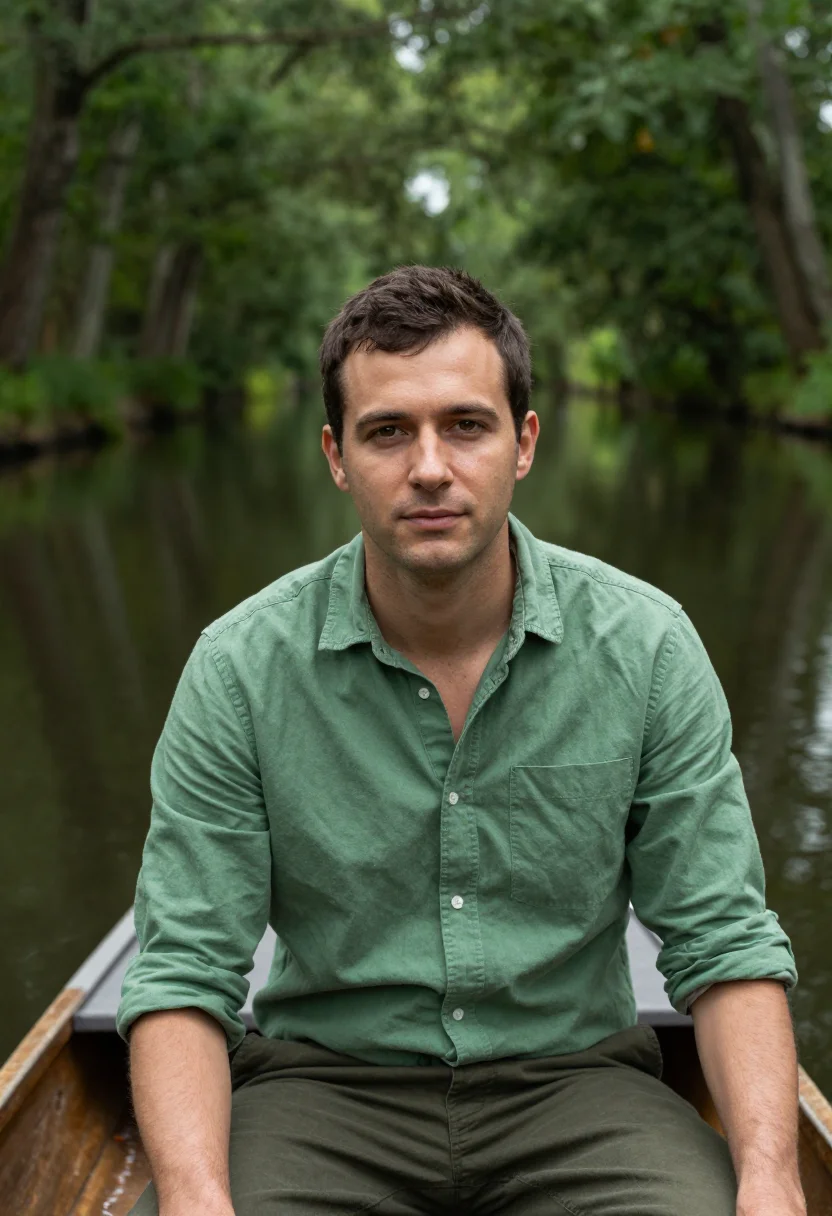 AI spreewald canoe may green sample — portrait of a man, framed tight, head and shoulders, the bod