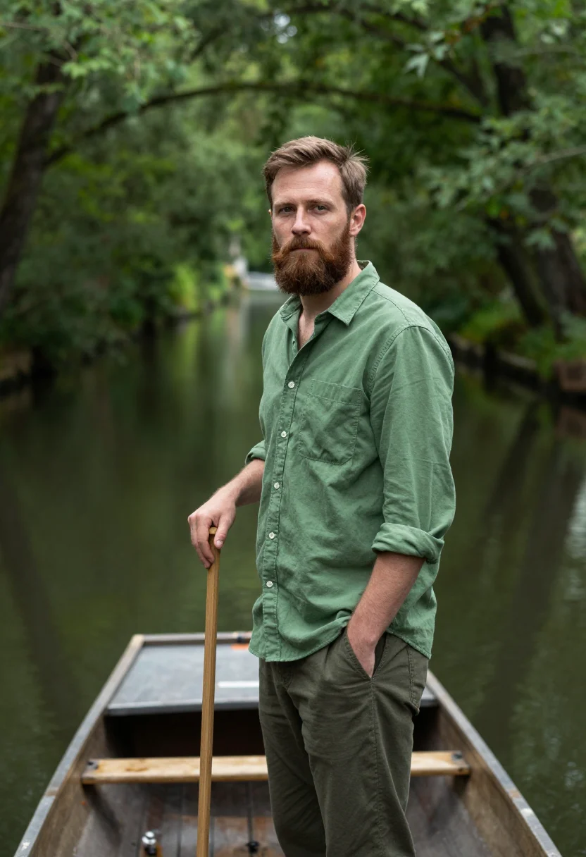 AI spreewald canoe may green sample — portrait of a man, framed half-length from the head to the h