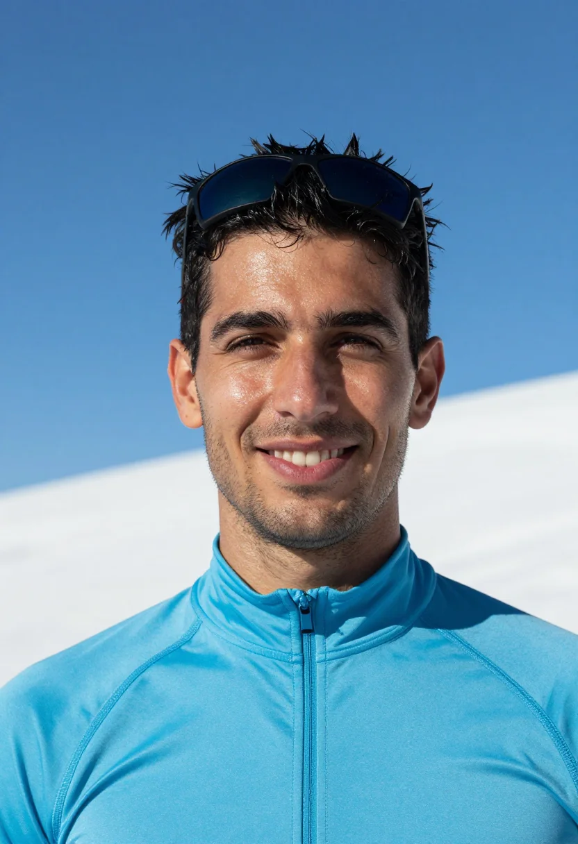 AI spring skiing sky blue sample — portrait of a man, tight headshot of a Mediterranean man in