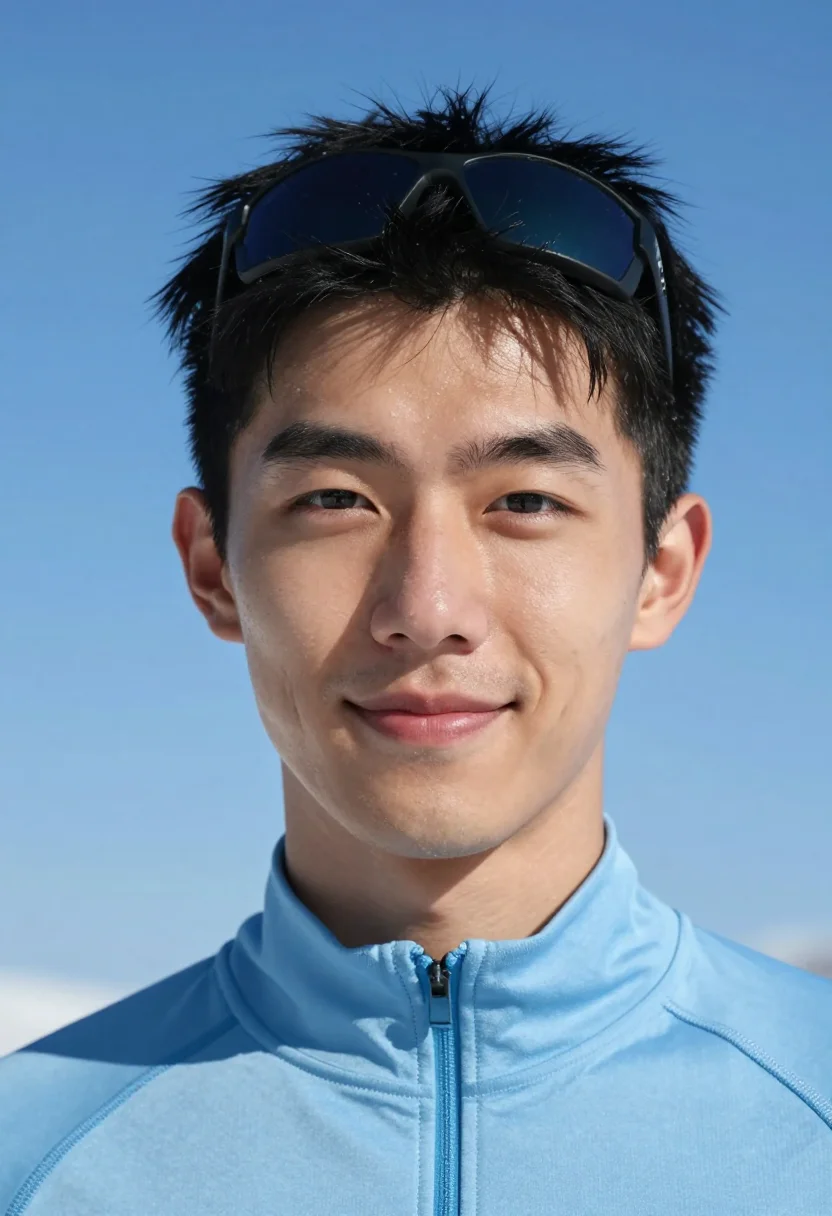 AI spring skiing sky blue sample — portrait of a man, tight headshot of an East-Asian man in hi