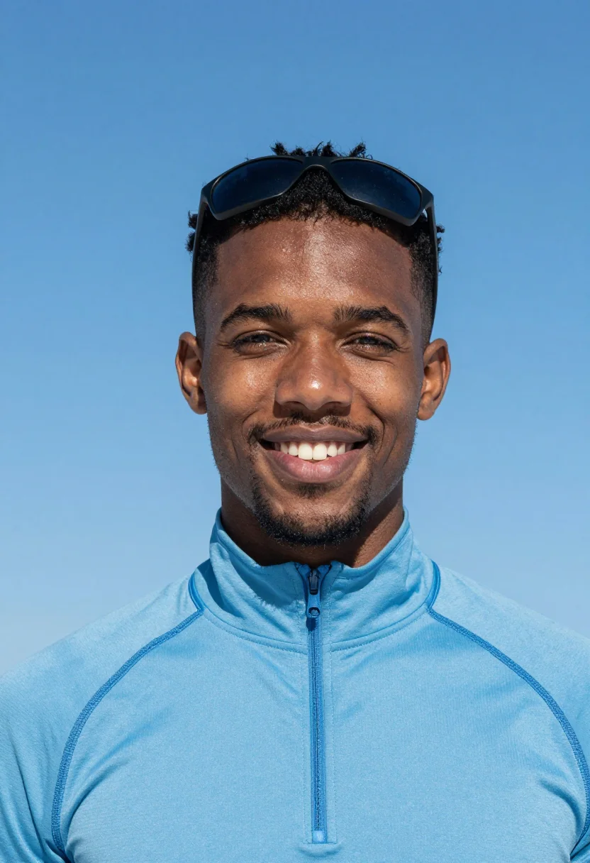AI spring skiing sky blue sample — portrait of a man, head-and-shoulders portrait of a Black ma