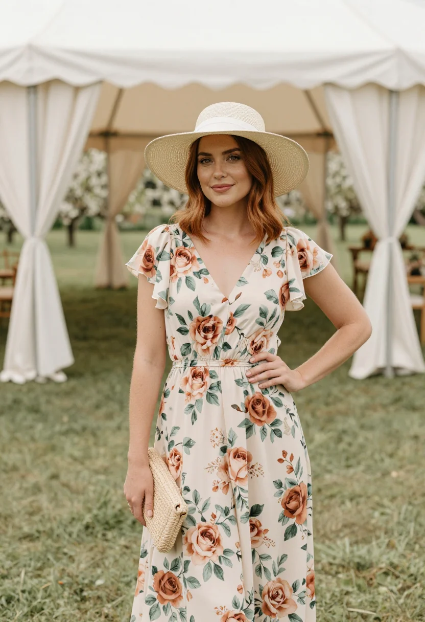 AI spring wedding guest floral midi palette sample — portrait of a woman, a wedding guest in her mid-twenties wit