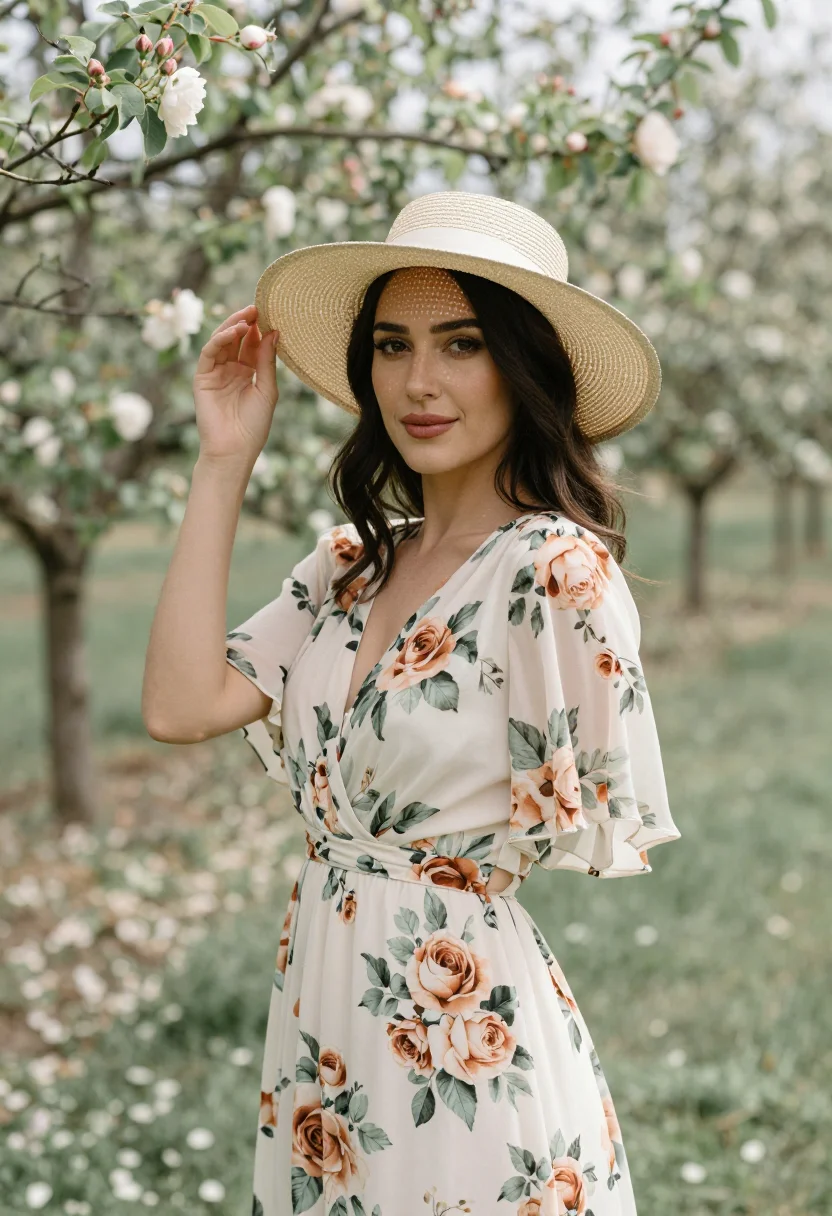 AI spring wedding guest floral midi palette sample — portrait of a woman, a wedding guest in her late twenties wi