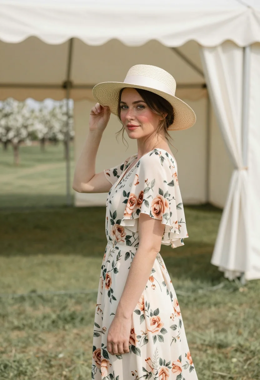 AI spring wedding guest floral midi palette sample — portrait of a woman, a wedding guest in her late thirties wi