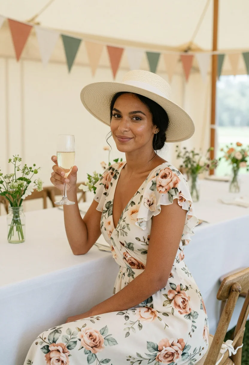 AI spring wedding guest floral midi palette sample — portrait of a woman, a wedding guest in her late twenties wi