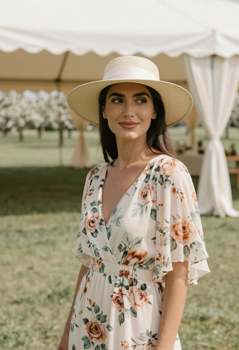 AI spring wedding guest floral midi palette sample — portrait of a woman, a wedding guest in her early thirties w