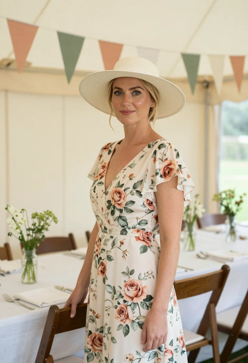 AI spring wedding guest floral midi palette sample — portrait of a woman, a wedding guest in her mid-thirties wit