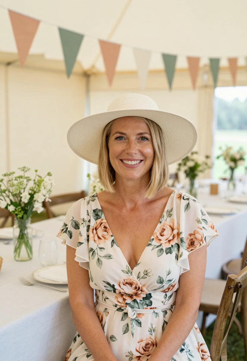 AI spring wedding guest floral midi palette sample — portrait of a woman, a wedding guest in her early forties wi