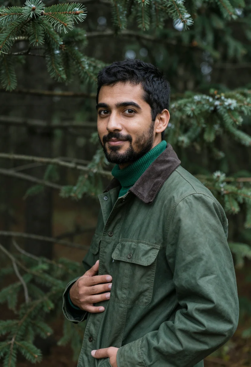 AI spruce forest green sample — portrait of a man, chest-up portrait of a man around thirty