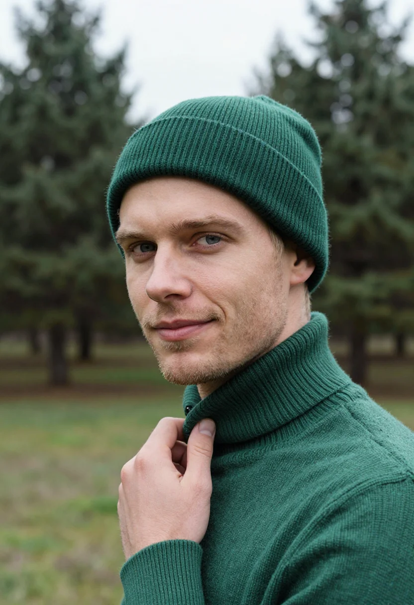 AI spruce forest green sample — portrait of a man, tight headshot of a man in his late twent