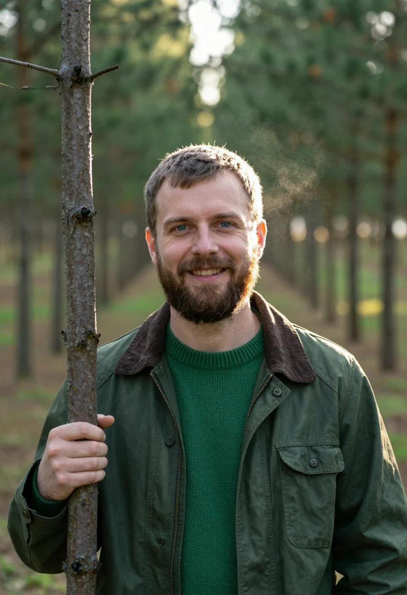 AI spruce forest green sample — portrait of a man, chest-up portrait of a man around thirty-