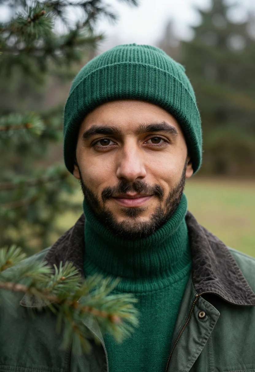 AI spruce forest green sample — portrait of a man, tight headshot of a man in his mid-thirti