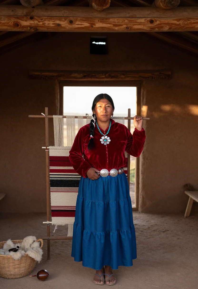 AI squash blossom sample — portrait of a woman, full-length portrait of a Dine woman wi