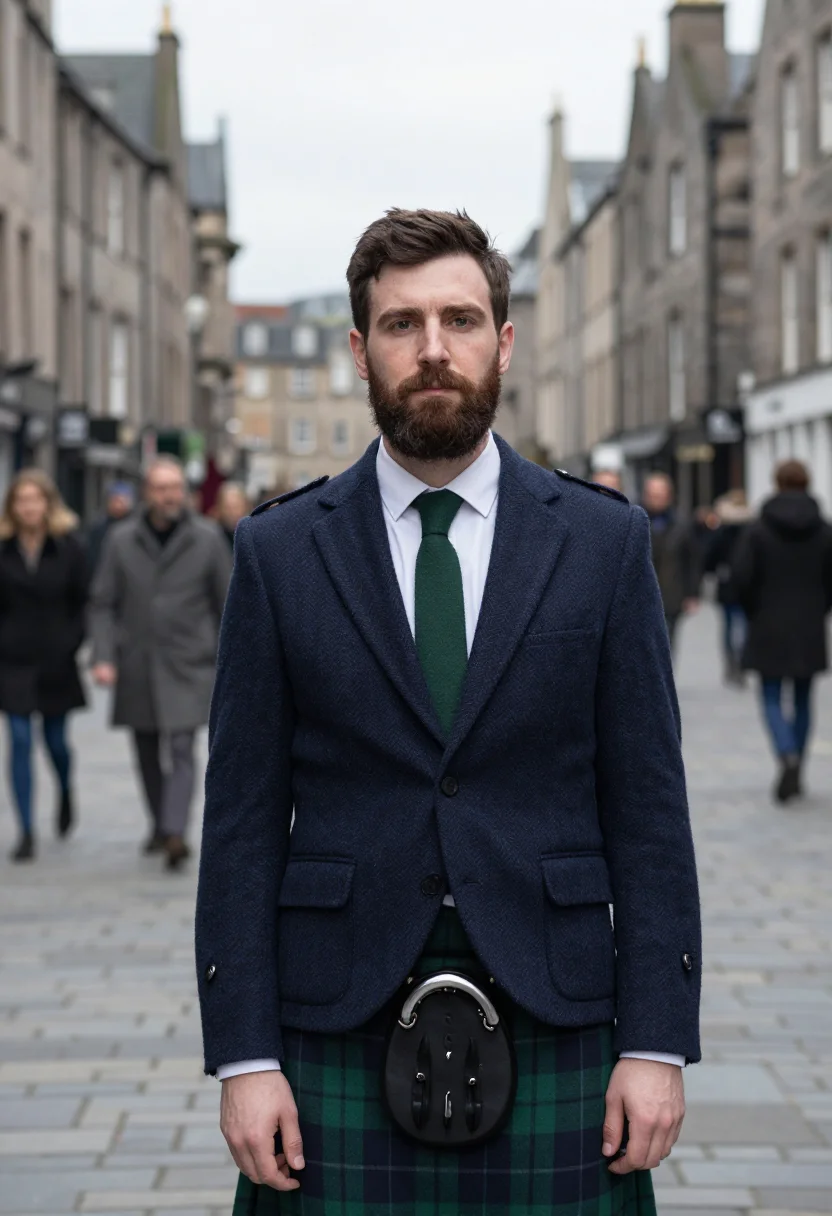AI st andrews day tartan navy sample — portrait of a man, framed chest-up, a Scottish man in his th