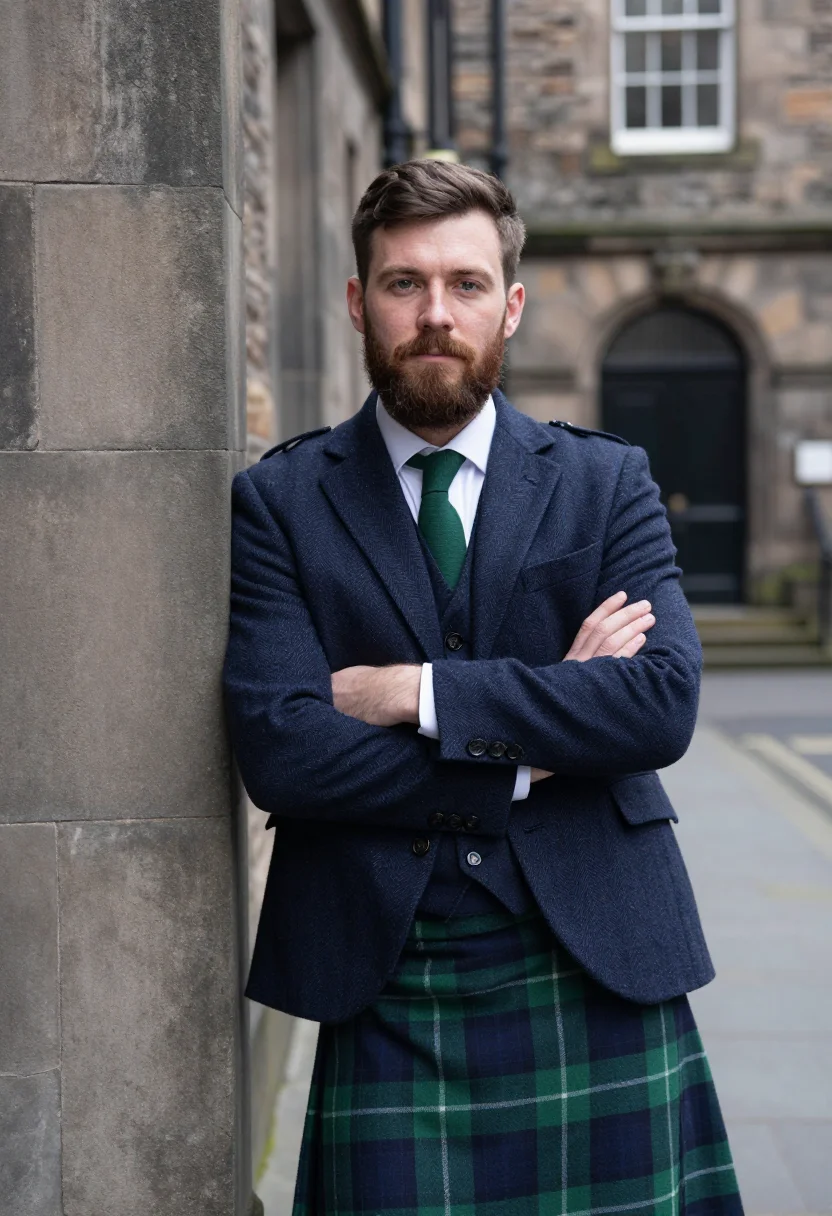 AI st andrews day tartan navy sample — portrait of a man, framed from the waist up, a Scottish man