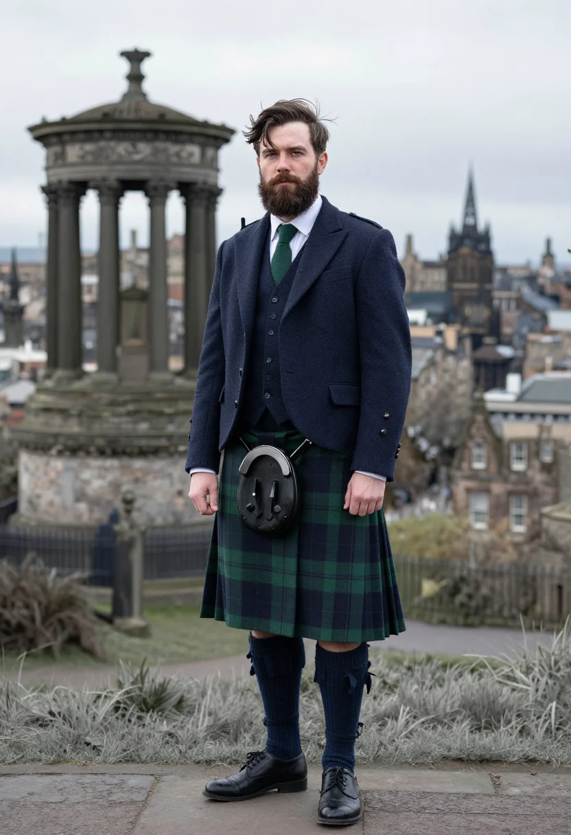 AI st andrews day tartan navy sample — portrait of a man, framed chest-up, a Scottish man in his th