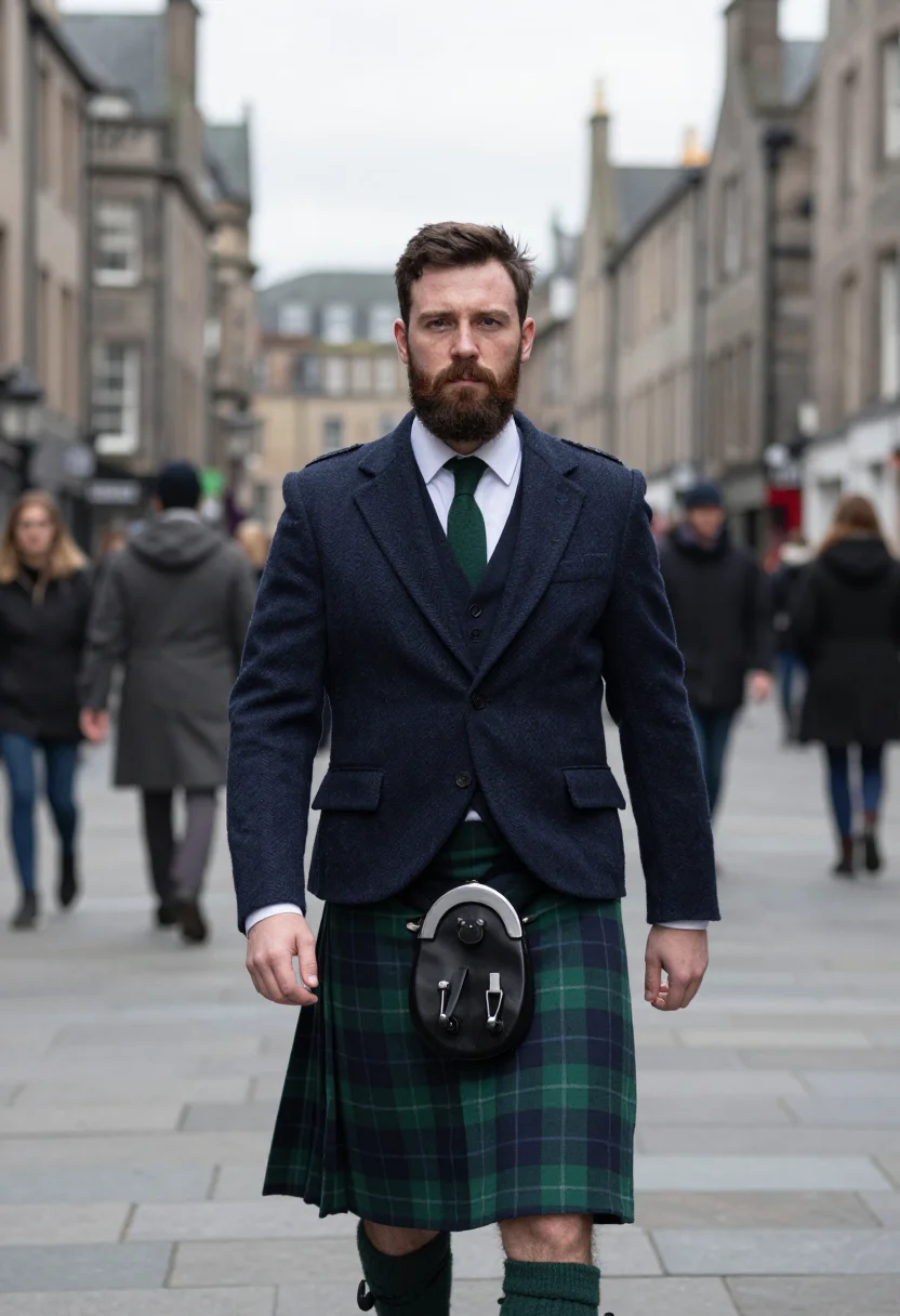 AI st andrews day tartan navy sample — portrait of a man, framed from the knee up, a Scottish man i