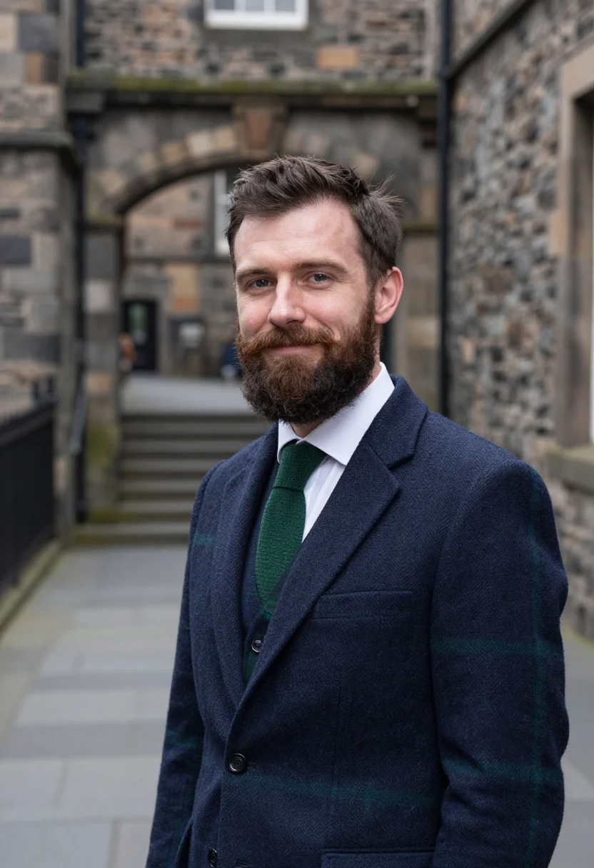 AI st andrews day tartan navy sample — portrait of a man, framed tight, head and shoulders, a Scott