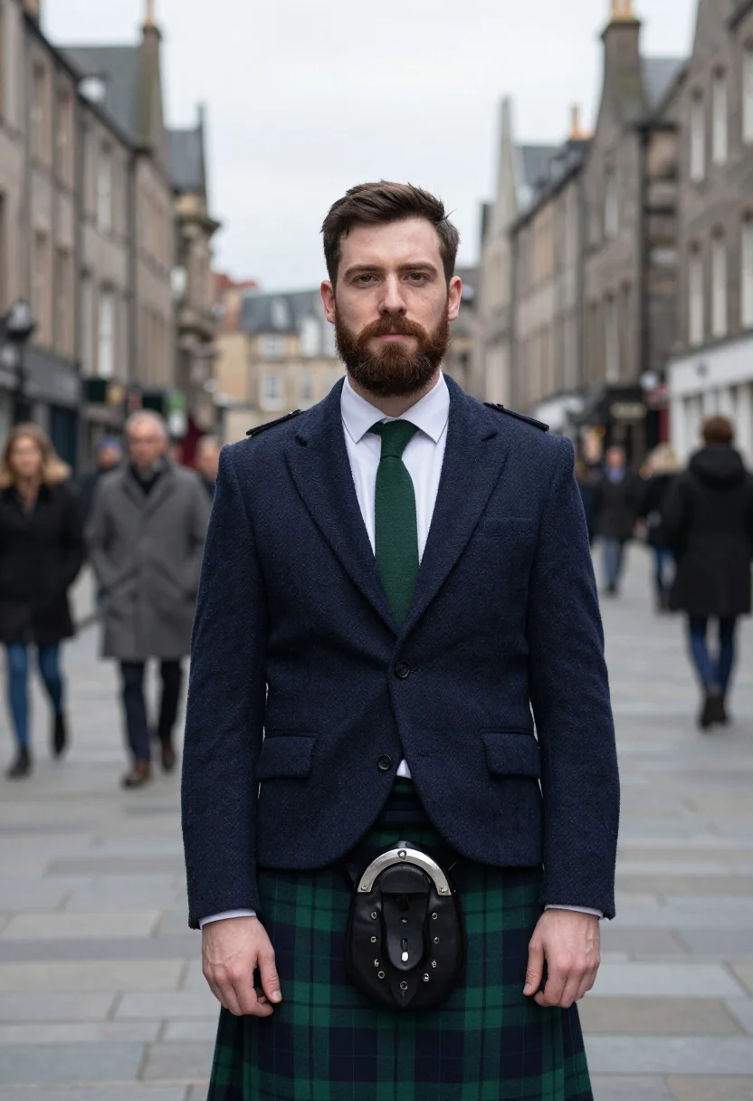 AI st andrews day tartan navy sample — portrait of a man, framed from the waist up, a Scottish man
