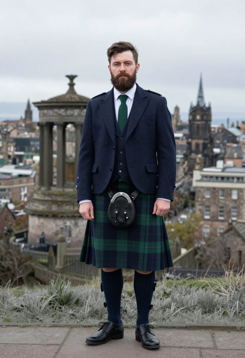 AI st andrews day tartan navy sample — portrait of a man, framed from the knee up, a Scottish man i