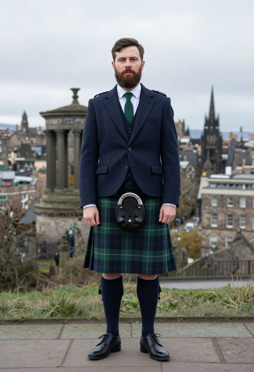 AI st andrews day tartan navy sample — portrait of a man, framed full-length, head to brogues, a Sc