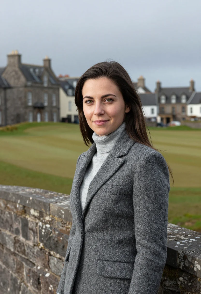 AI st andrews old course swilcan bridge tweed sample — portrait of a woman, an English golfer in her late twenties