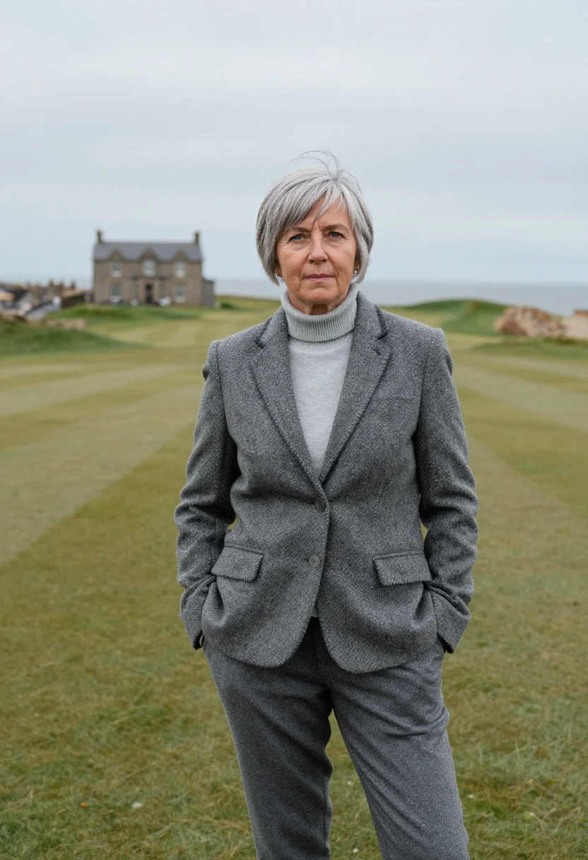 AI st andrews old course swilcan bridge tweed sample — portrait of a woman, a Scottish golfer in her early fifties