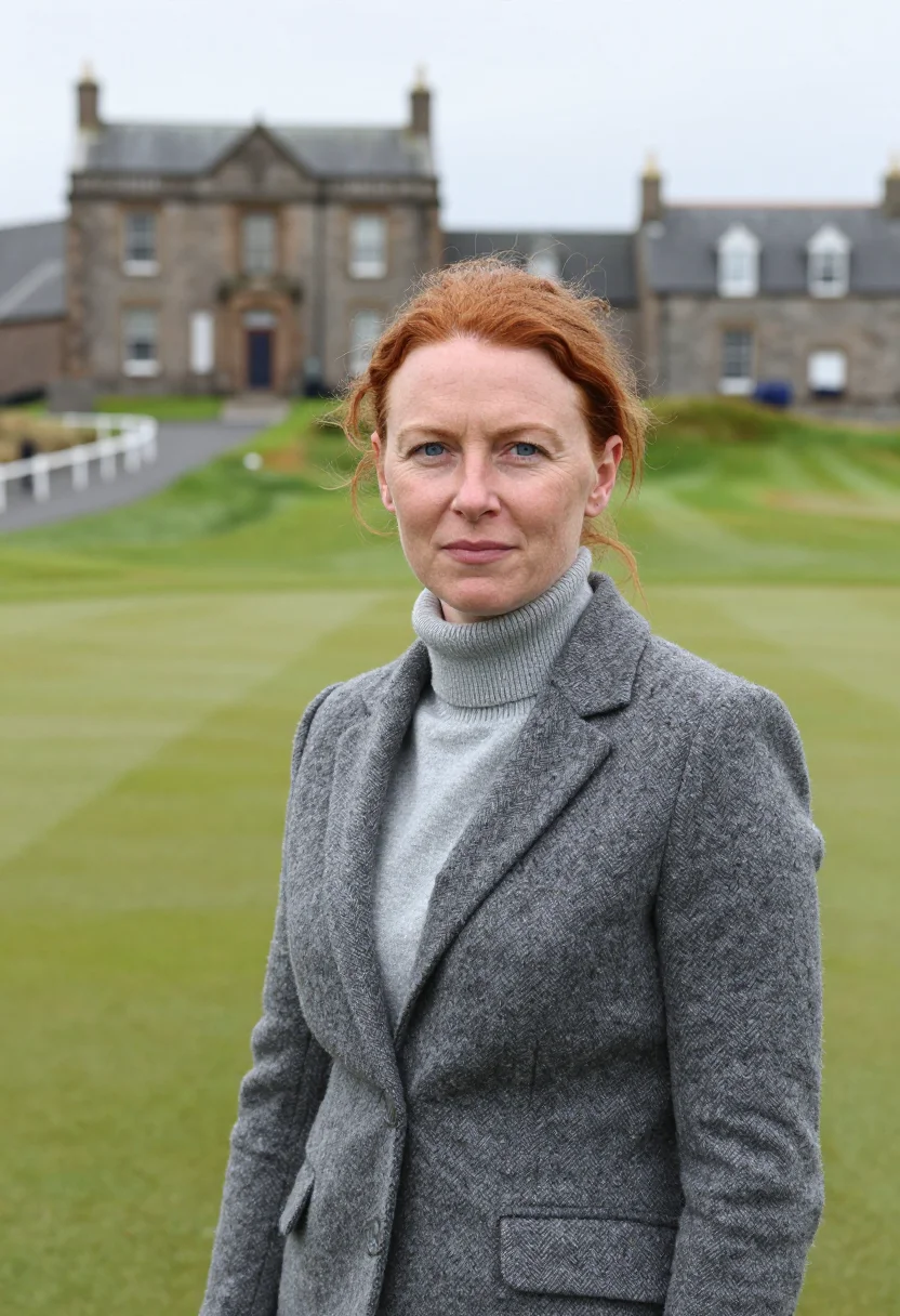 AI st andrews old course swilcan bridge tweed sample — portrait of a woman, an Irish golfer in her mid-thirties wit