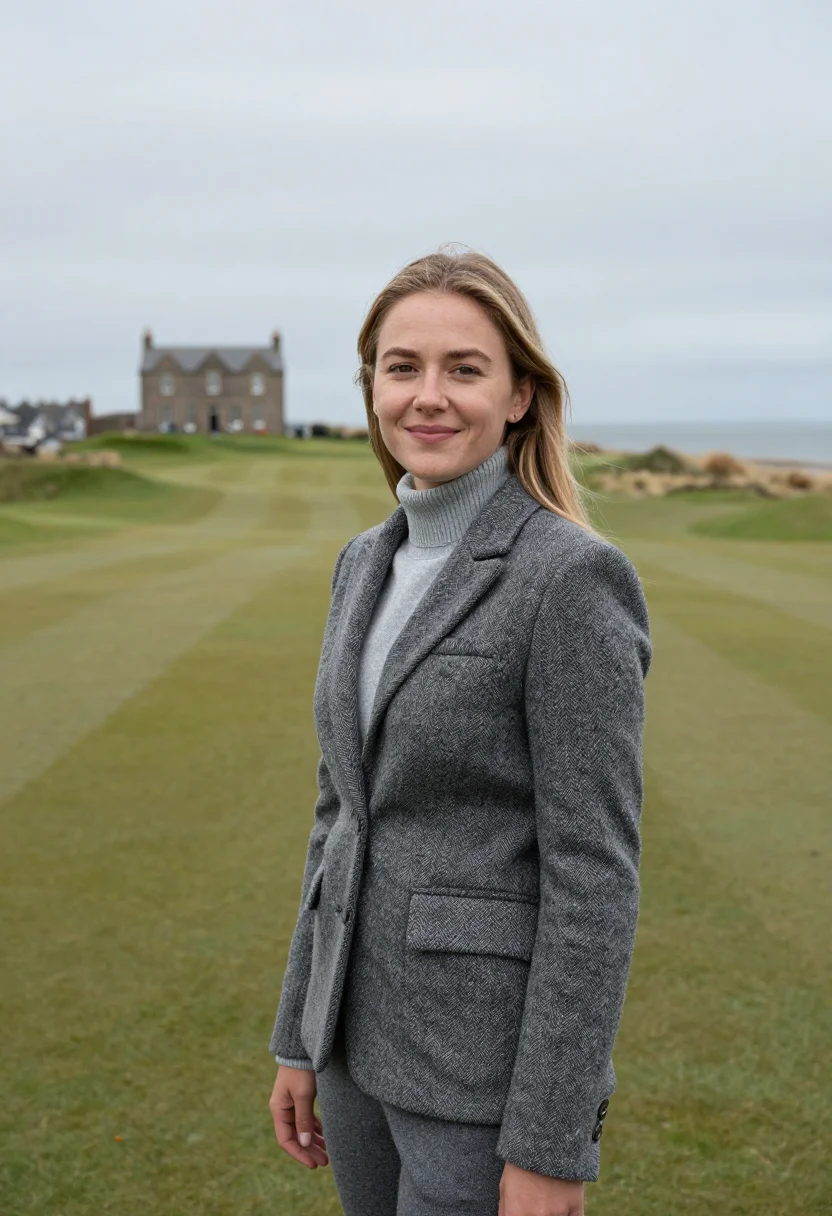 AI st andrews old course swilcan bridge tweed sample — portrait of a woman, an American golfer in her mid-twenties