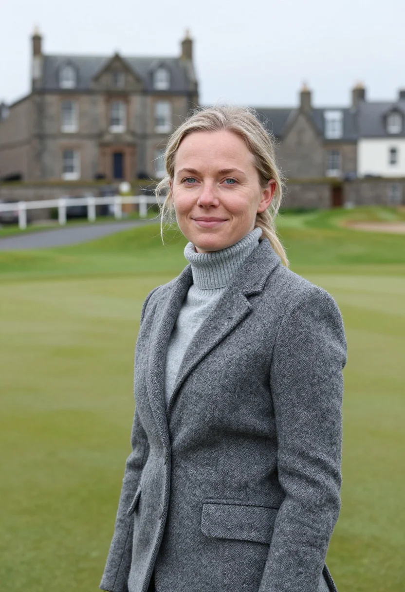 AI st andrews old course swilcan bridge tweed sample — portrait of a woman, a Swedish golfer in her early thirties