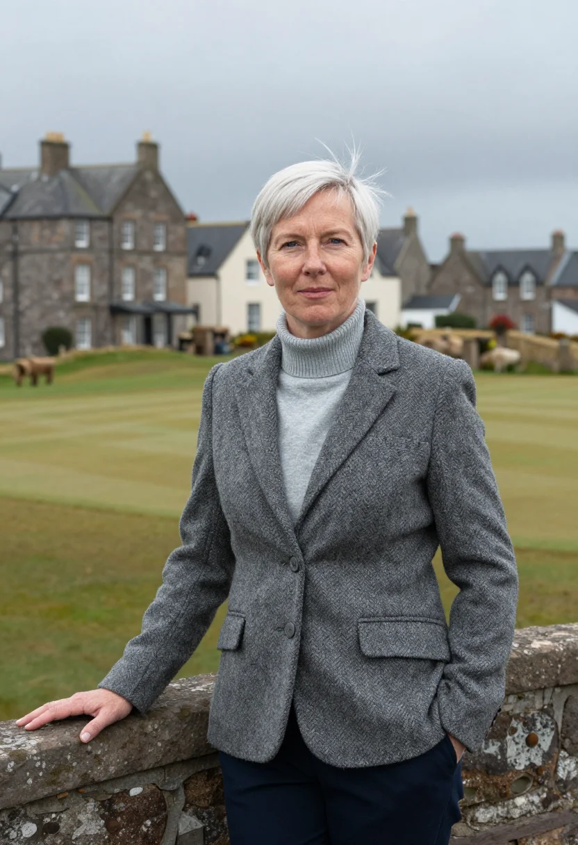 AI st andrews old course swilcan bridge tweed sample — portrait of a woman, a Scottish golfer in her mid-forties wi