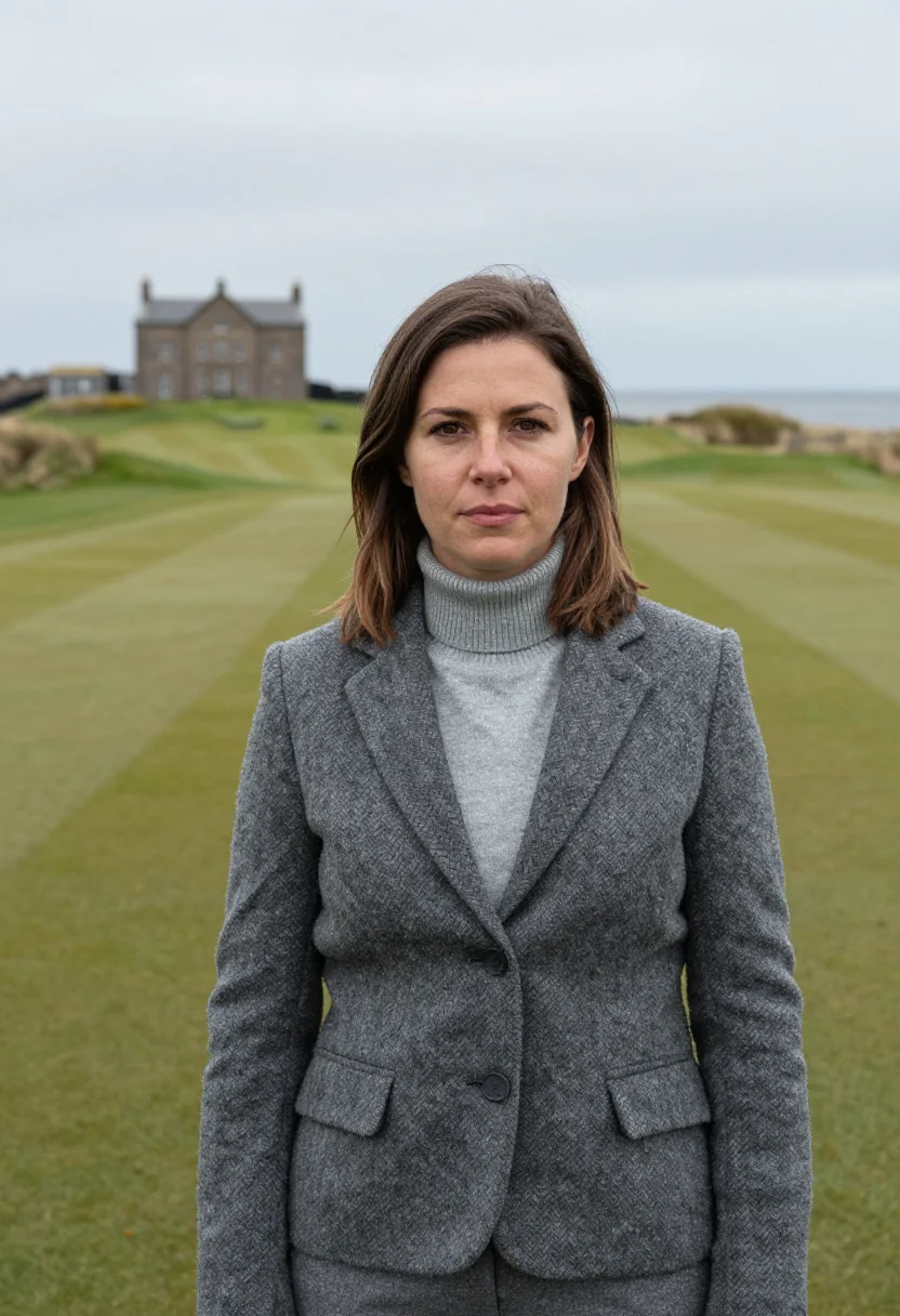 AI st andrews old course swilcan bridge tweed sample — portrait of a woman, a French golfer in her early forties wi
