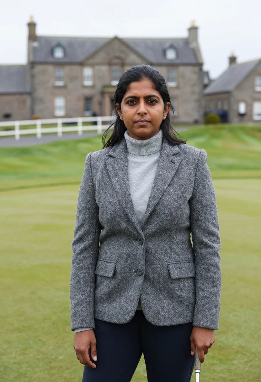 AI st andrews old course swilcan bridge tweed sample — portrait of a woman, a British Indian golfer in her late thi