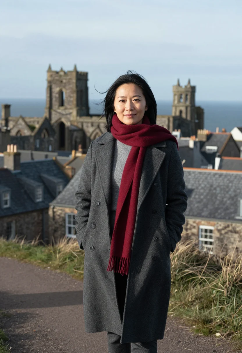 AI st andrews professor red gown grey sea sample — portrait of a woman, a professor in her thirties of Chinese