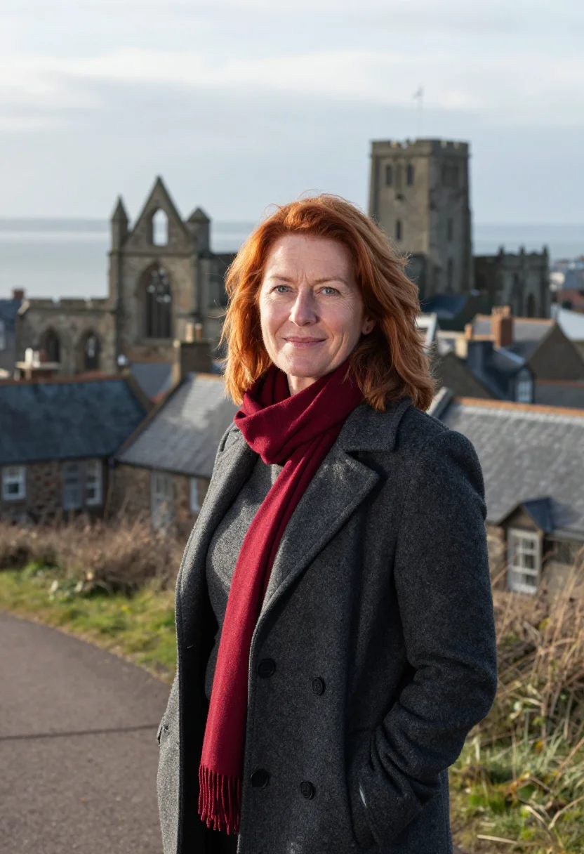 AI st andrews professor red gown grey sea sample — portrait of a woman, a professor in her fifties of Irish anc