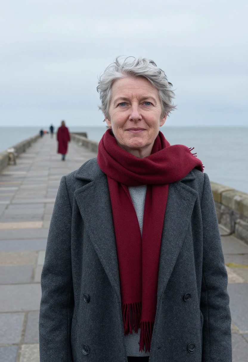 AI st andrews professor red gown grey sea sample — portrait of a woman, a professor in her sixties of Norwegian