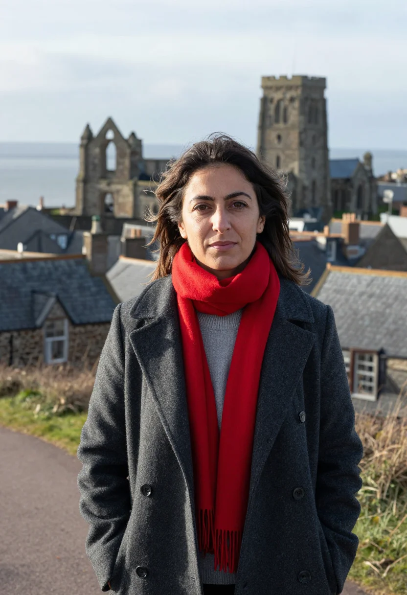 AI st andrews professor red gown grey sea sample — portrait of a woman, a professor in her forties of Lebanese