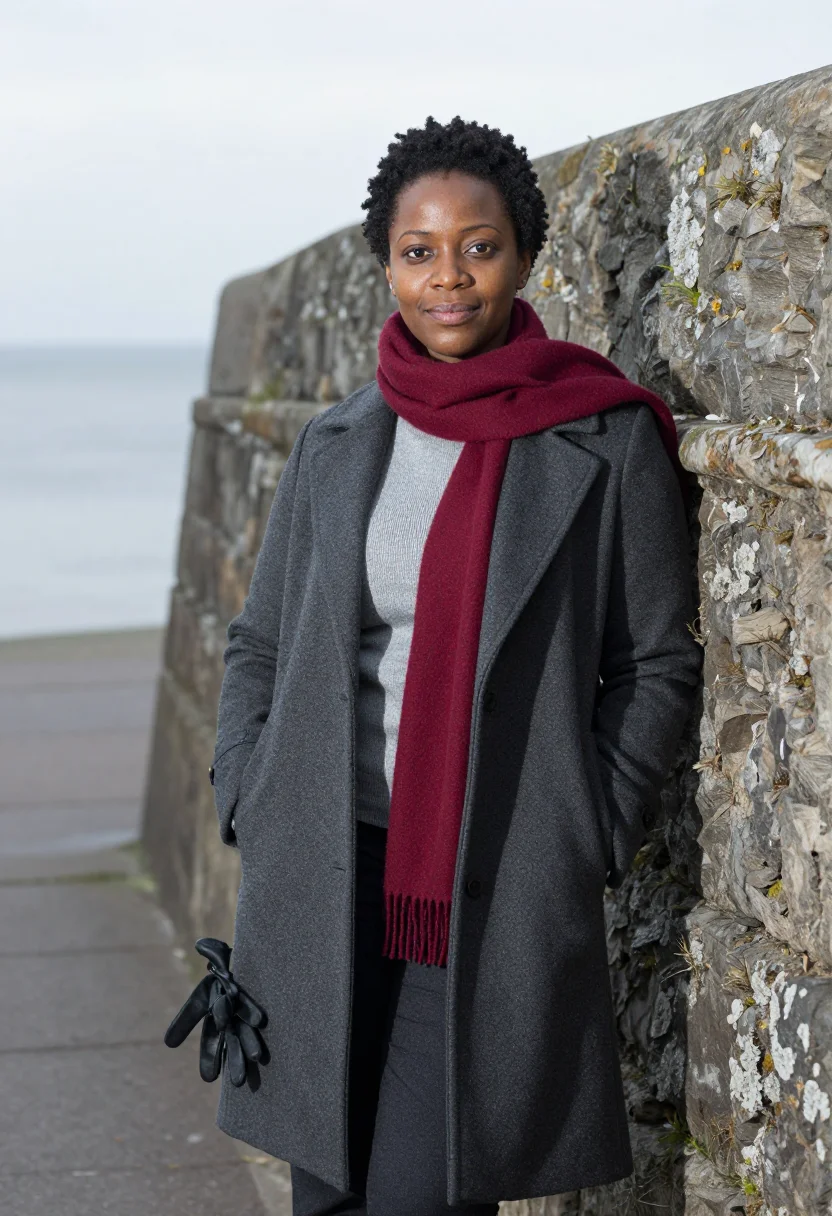 AI st andrews professor red gown grey sea sample — portrait of a woman, a professor in her thirties of Nigerian