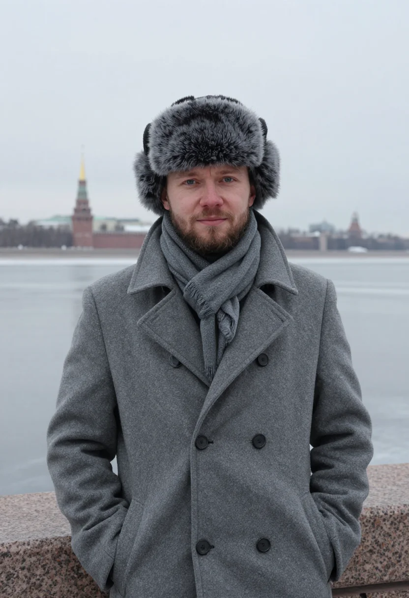 AI st petersburg neva ice slate sample — portrait of a man, framed chest-up to the ribs, the body clo