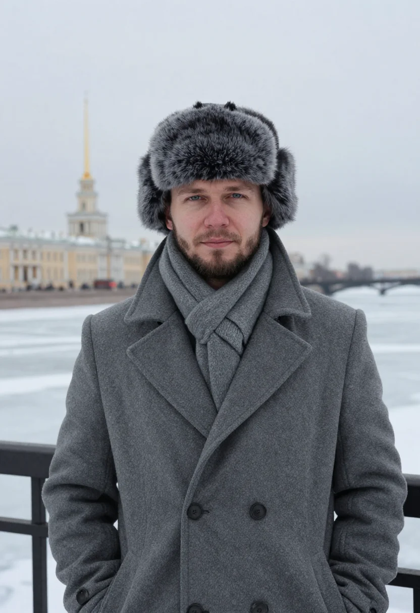 AI st petersburg neva ice slate sample — portrait of a man, framed tight, head and shoulders, the bod