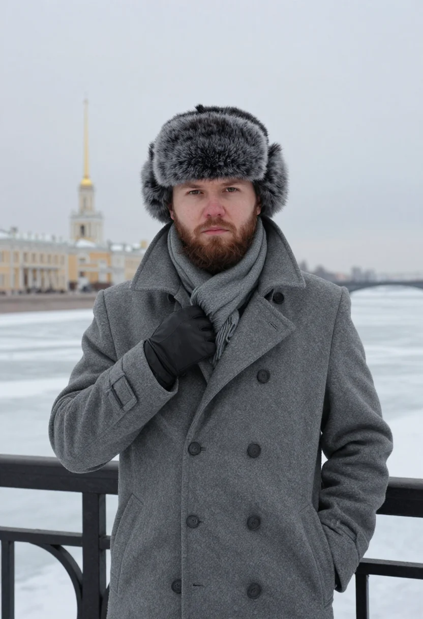 AI st petersburg neva ice slate sample — portrait of a man, framed chest-up to the ribs, the body clo
