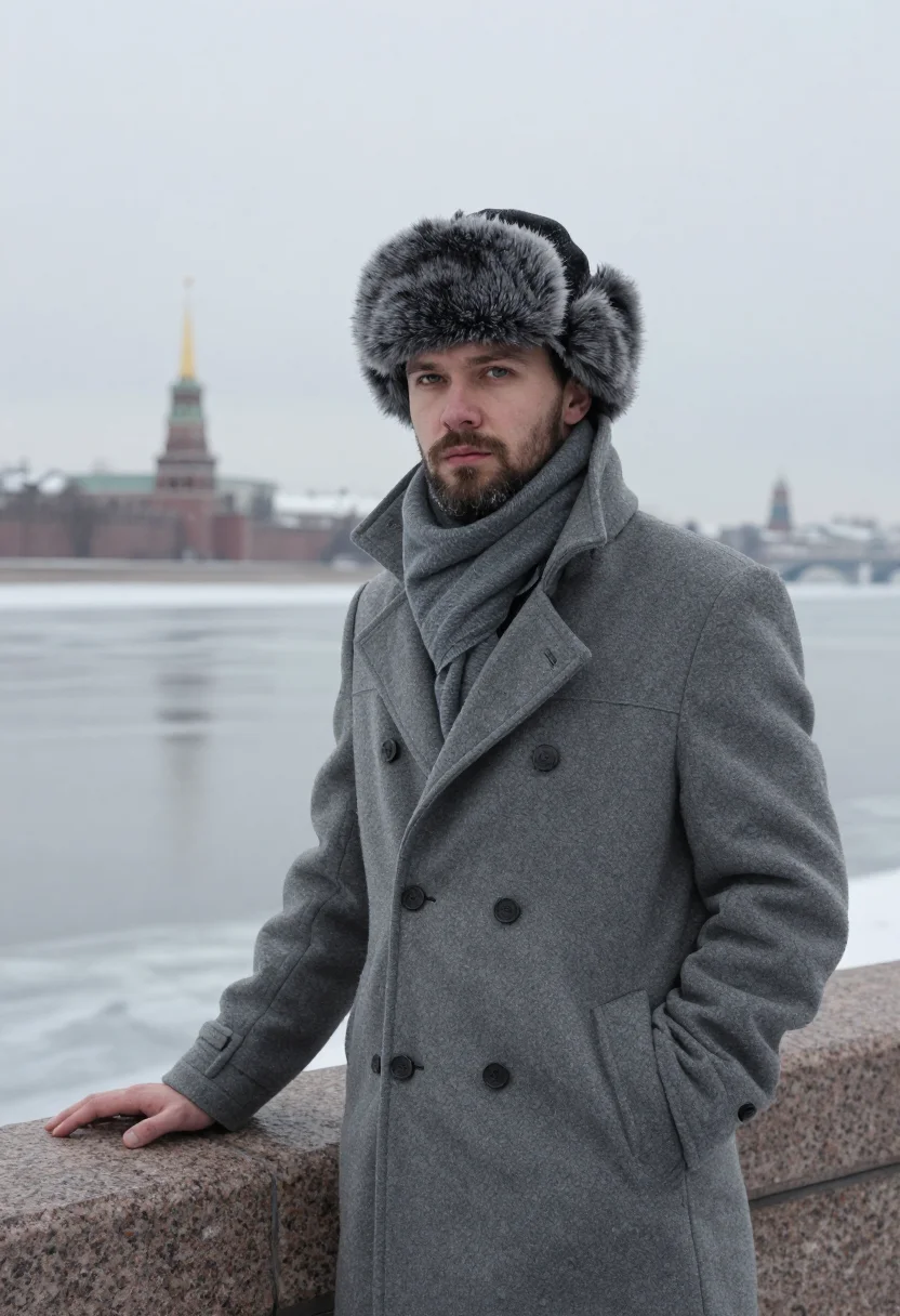 AI st petersburg neva ice slate sample — portrait of a man, framed half-length from the head to the h