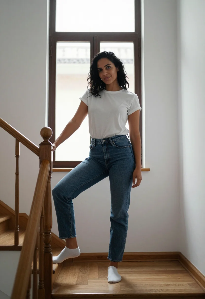 AI staircase landing sample — portrait of a woman, wide full-length portrait of a Mediterr