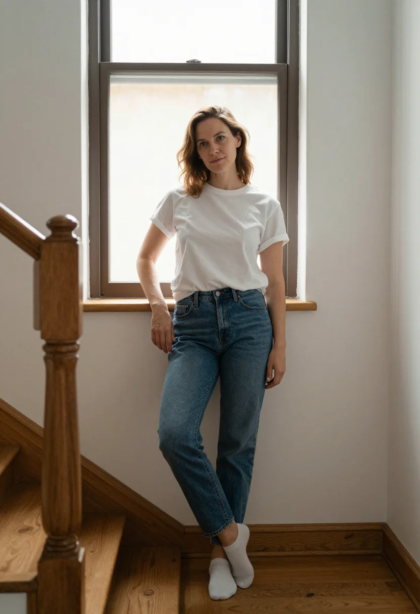 AI staircase landing sample — portrait of a woman, three-quarter standing portrait of a We