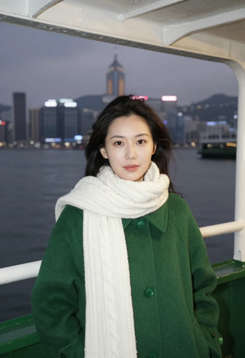 AI star ferry green white sample — portrait of a woman, framed tight, head and shoulders, the b