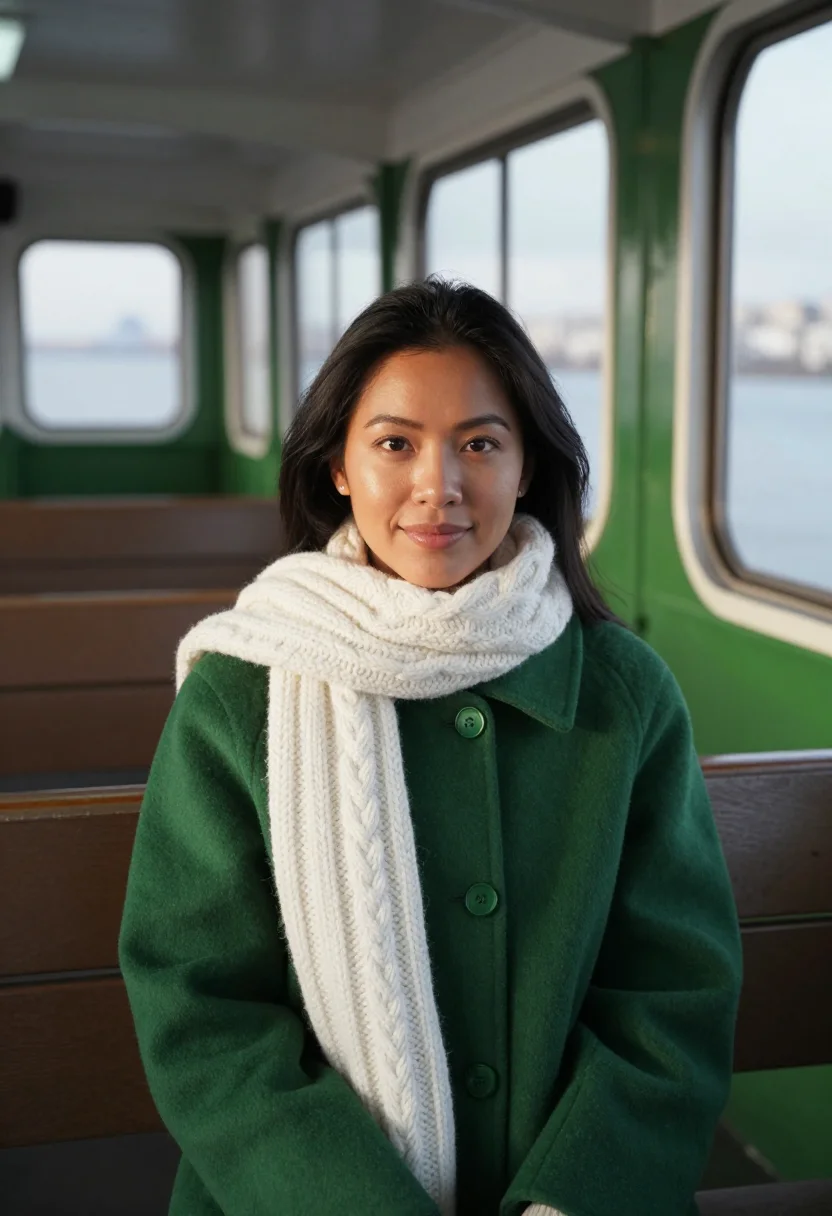 AI star ferry green white sample — portrait of a woman, framed tight, head and shoulders, the b