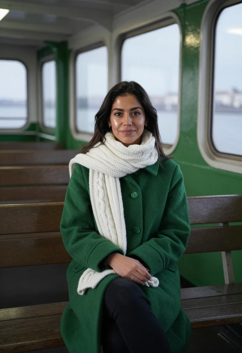 AI star ferry green white sample — portrait of a woman, framed three-quarter length from the he