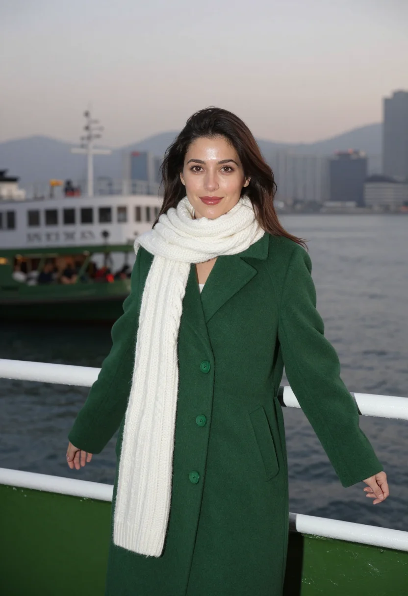 AI star ferry green white sample — portrait of a woman, framed half-length from the head to the